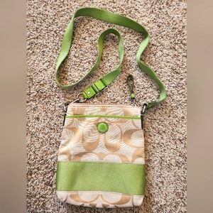 GUC COACH crossbody purse tan with green embellishments and strap